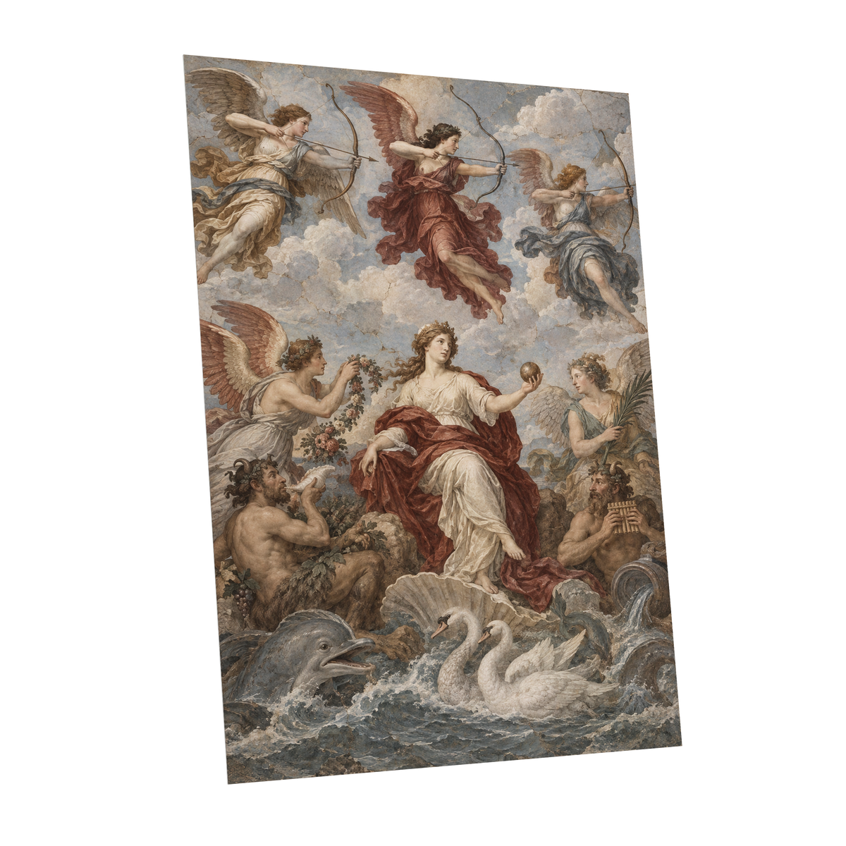 Celestial Court, blue, beige, red abstract wall art shown as a unframed poster wall art print