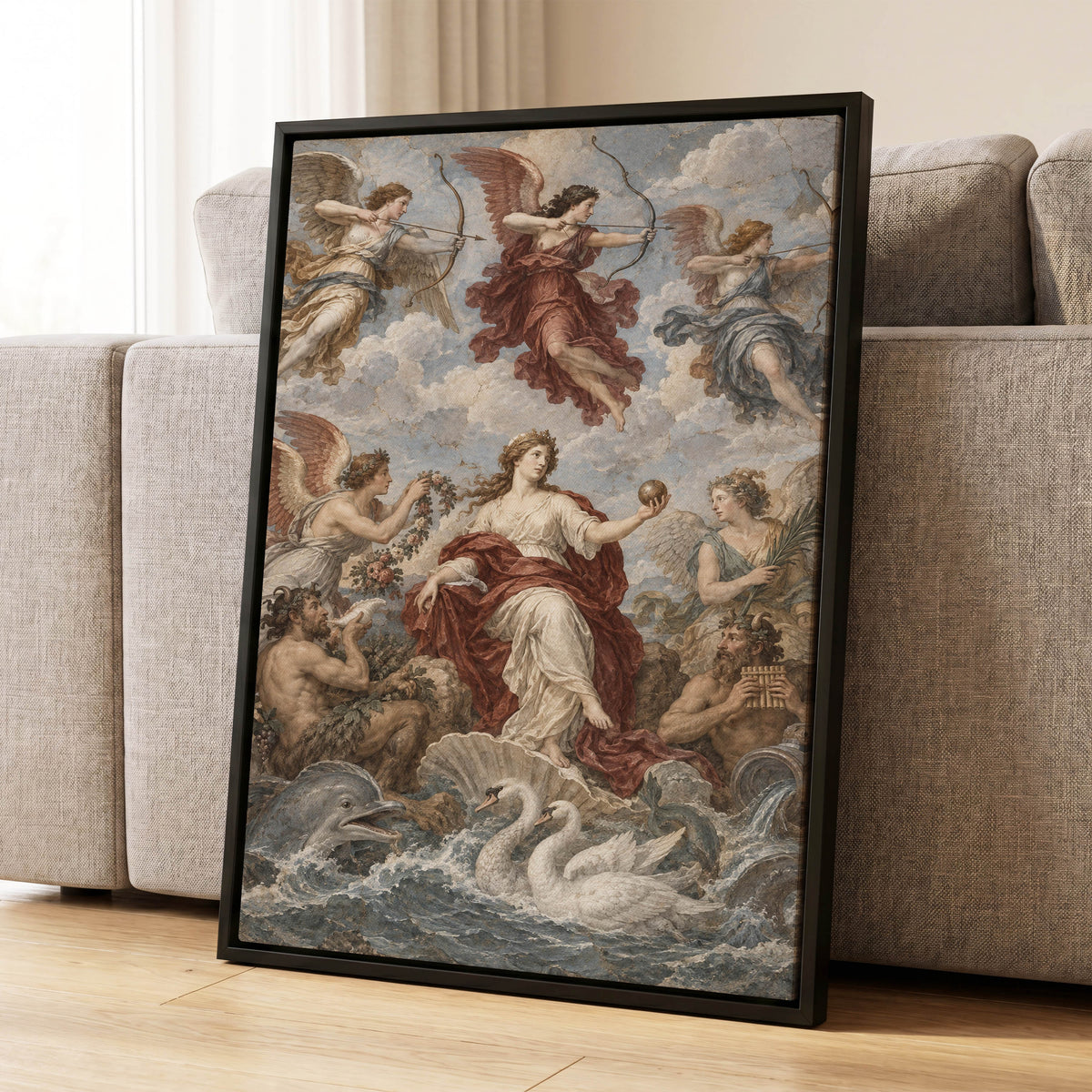 Celestial Court, blue, beige, red abstract wall art displayed in a styled interior, gallery view 1