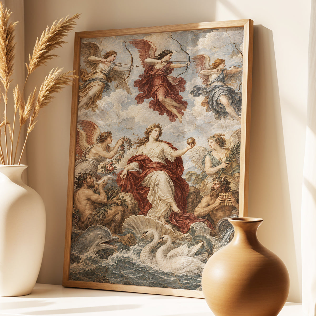 Celestial Court, blue, beige, red abstract wall art displayed in a styled interior, gallery view 2