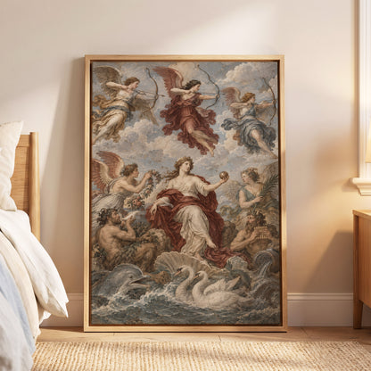 Celestial Court, blue, beige, red abstract wall art displayed in a styled interior, gallery view 5