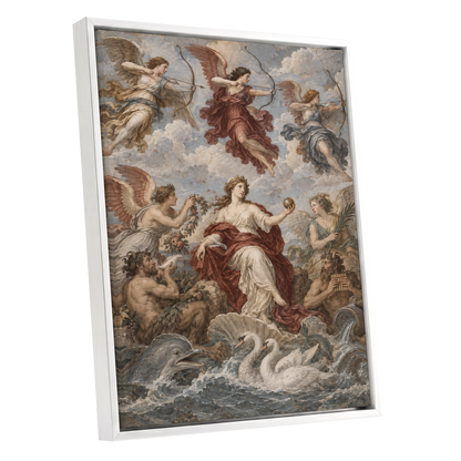 Celestial Court, blue, beige, red abstract wall art shown as a white framed canvas wall art