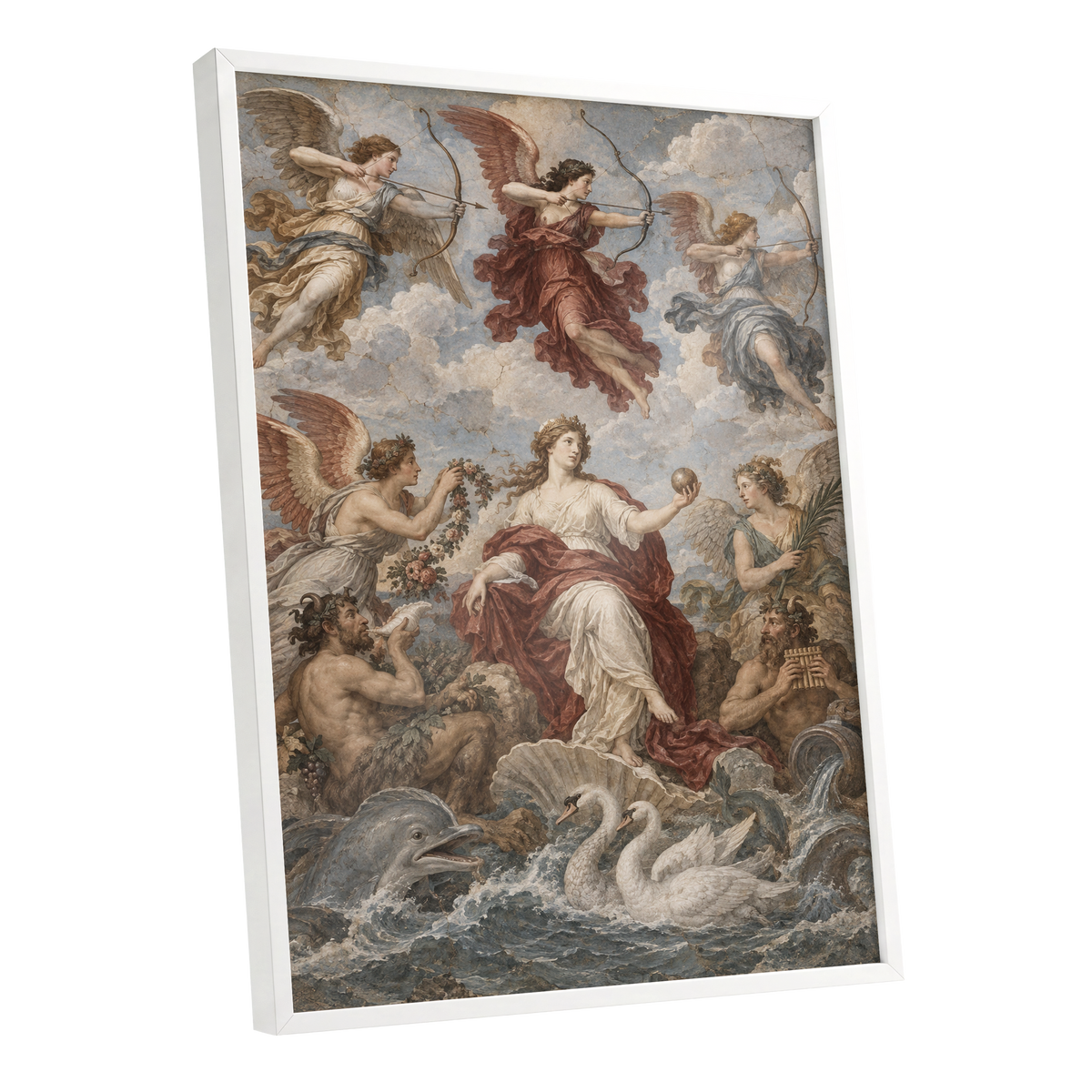 Celestial Court, blue, beige, red abstract wall art shown as a white framed poster wall art print