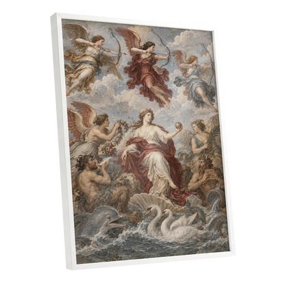 Celestial Court, blue, beige, red abstract wall art shown as a white framed poster wall art print
