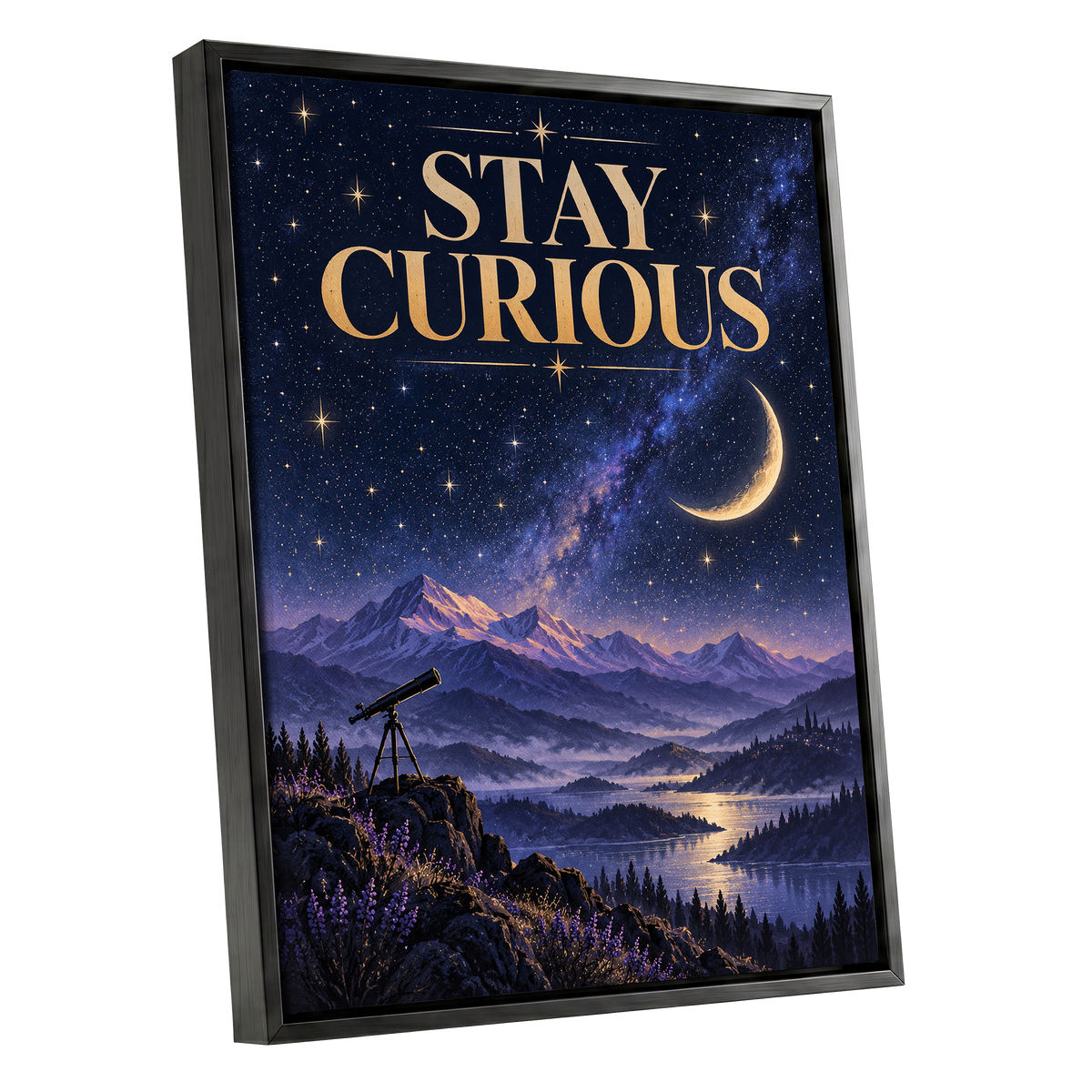 Celestial Curiosity, blue, gold, purple nature wall art shown as a black framed canvas wall art