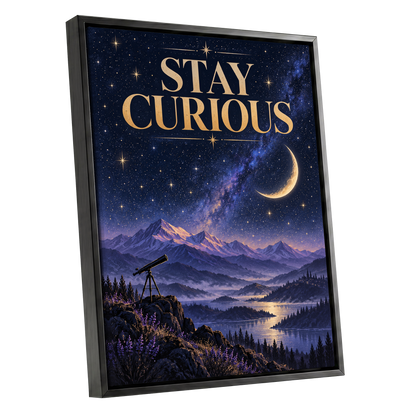 Celestial Curiosity, blue, gold, purple nature wall art shown as a black framed canvas wall art