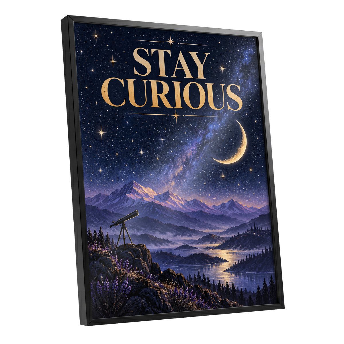 Celestial Curiosity, blue, gold, purple nature wall art shown as a black framed poster wall art print
