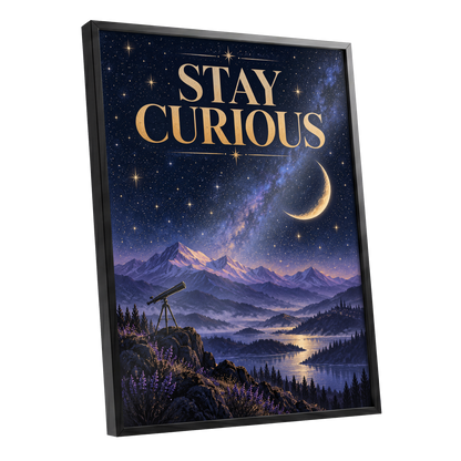 Celestial Curiosity, blue, gold, purple nature wall art shown as a black framed poster wall art print