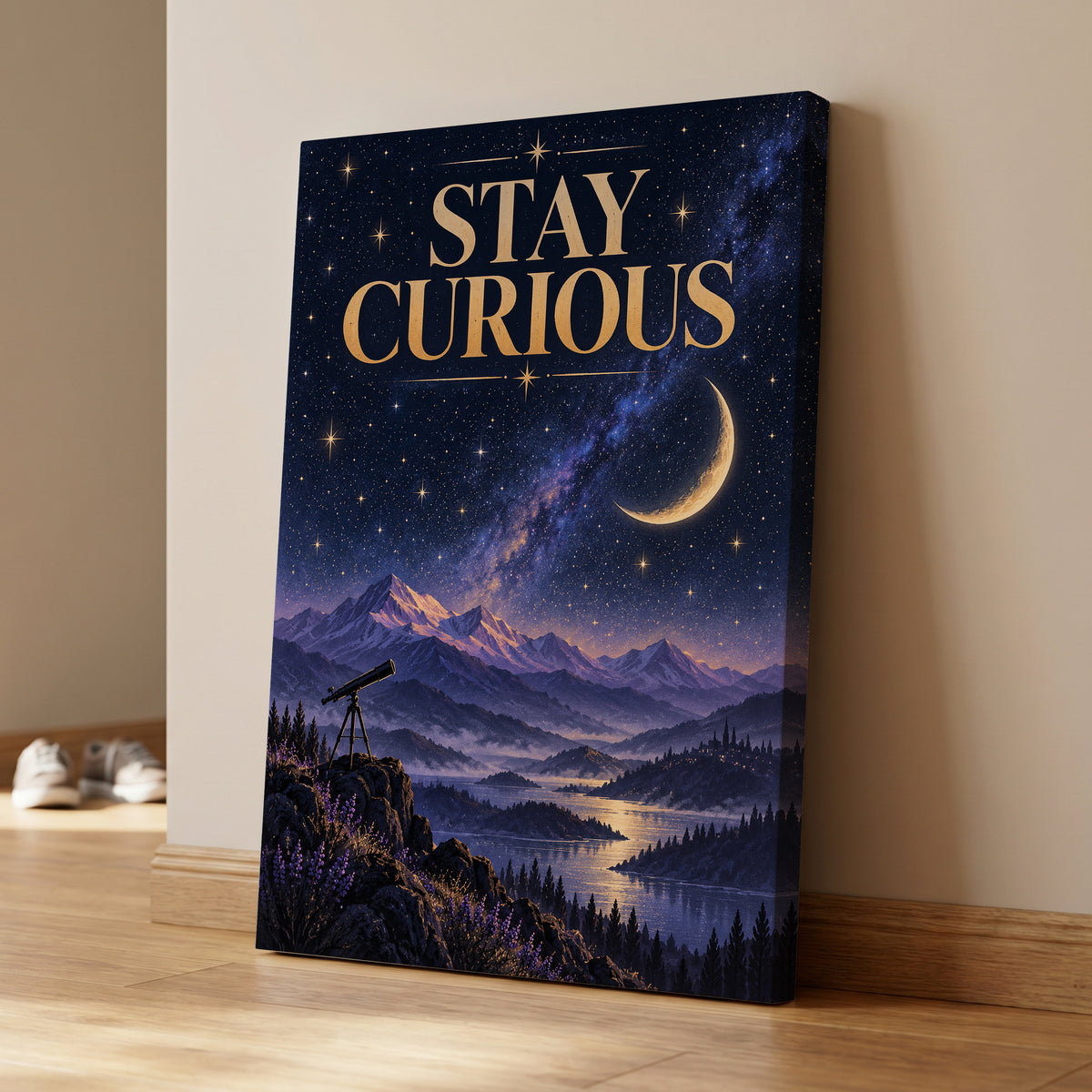 Celestial Curiosity, blue, gold, purple nature wall art on canvas displayed in a styled interior, gallery view 1