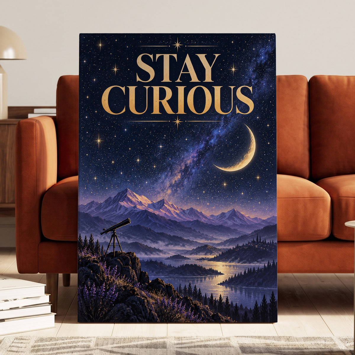 Celestial Curiosity, blue, gold, purple nature wall art on canvas displayed in a styled interior, gallery view 2