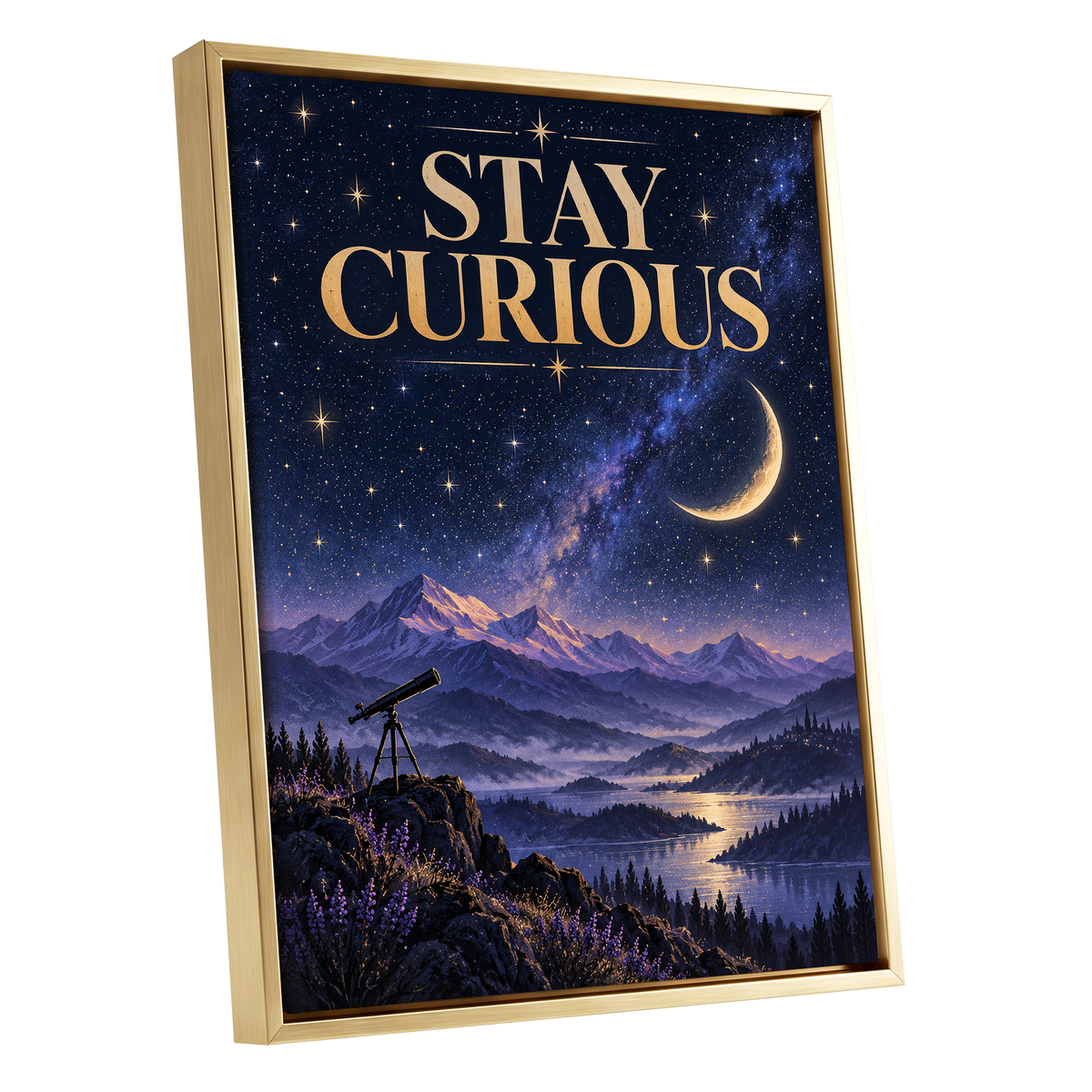 Celestial Curiosity, blue, gold, purple nature wall art shown as a gold framed canvas wall art