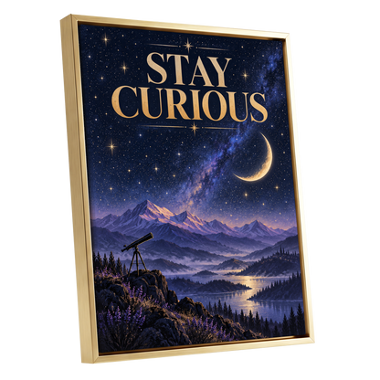 Celestial Curiosity, blue, gold, purple nature wall art shown as a gold framed canvas wall art