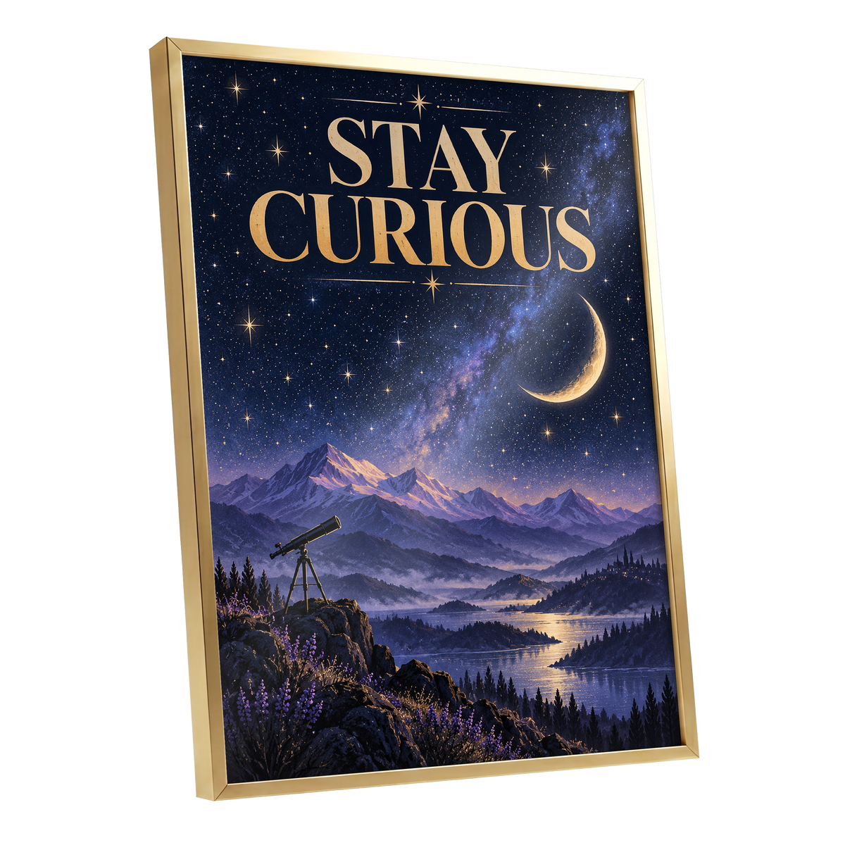 Celestial Curiosity, blue, gold, purple nature wall art shown as a gold framed poster wall art print