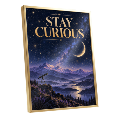 Celestial Curiosity, blue, gold, purple nature wall art shown as a gold framed poster wall art print