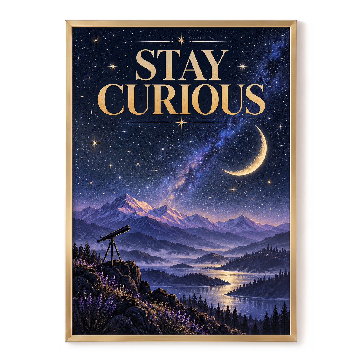 Celestial Curiosity, blue, gold, purple nature wall art, front artwork view