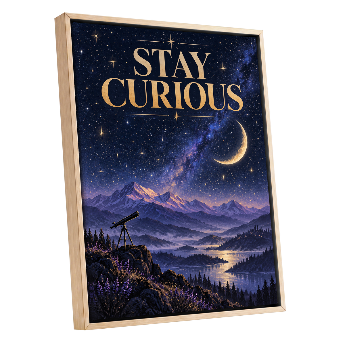 Celestial Curiosity, blue, gold, purple nature wall art shown as a oak framed canvas wall art