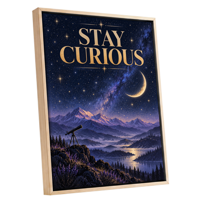 Celestial Curiosity, blue, gold, purple nature wall art shown as a oak framed canvas wall art