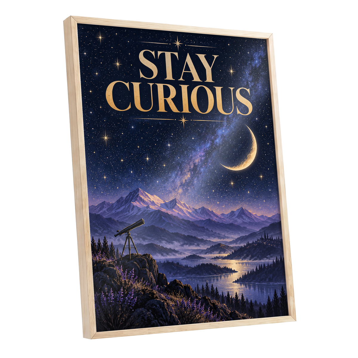 Celestial Curiosity, blue, gold, purple nature wall art shown as a oak framed poster wall art print
