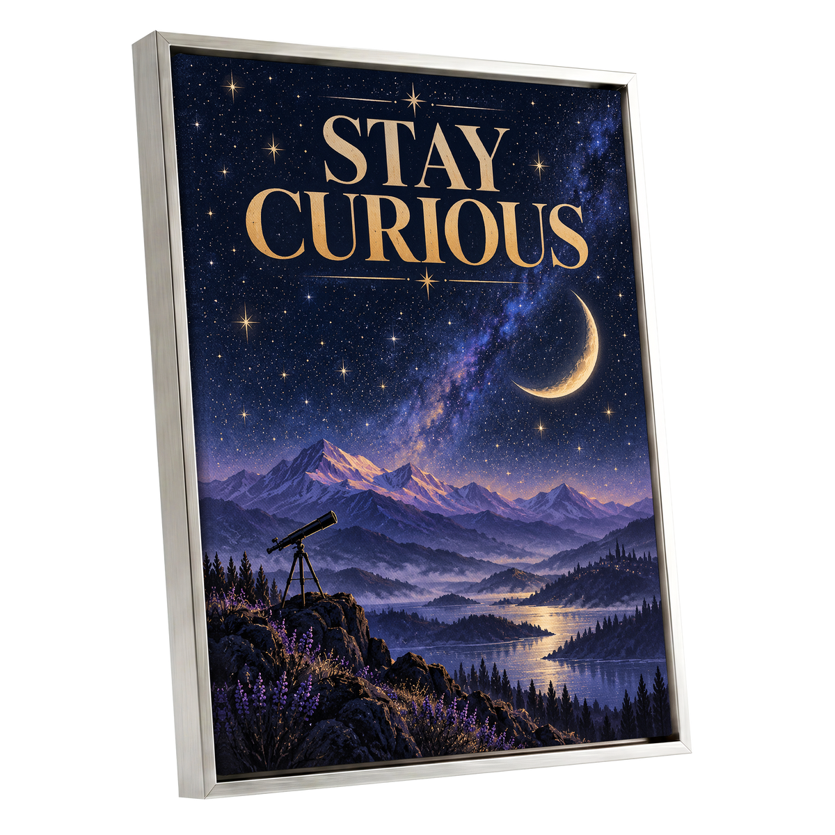 Celestial Curiosity, blue, gold, purple nature wall art shown as a silver framed canvas wall art