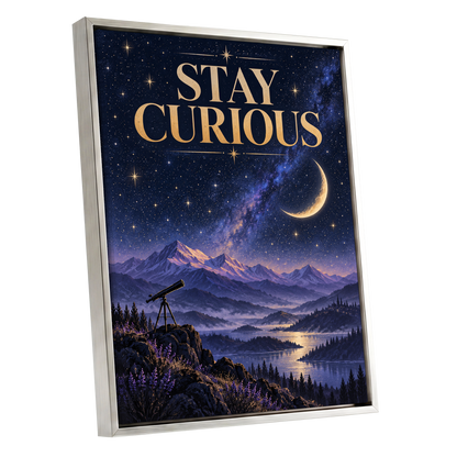 Celestial Curiosity, blue, gold, purple nature wall art shown as a silver framed canvas wall art