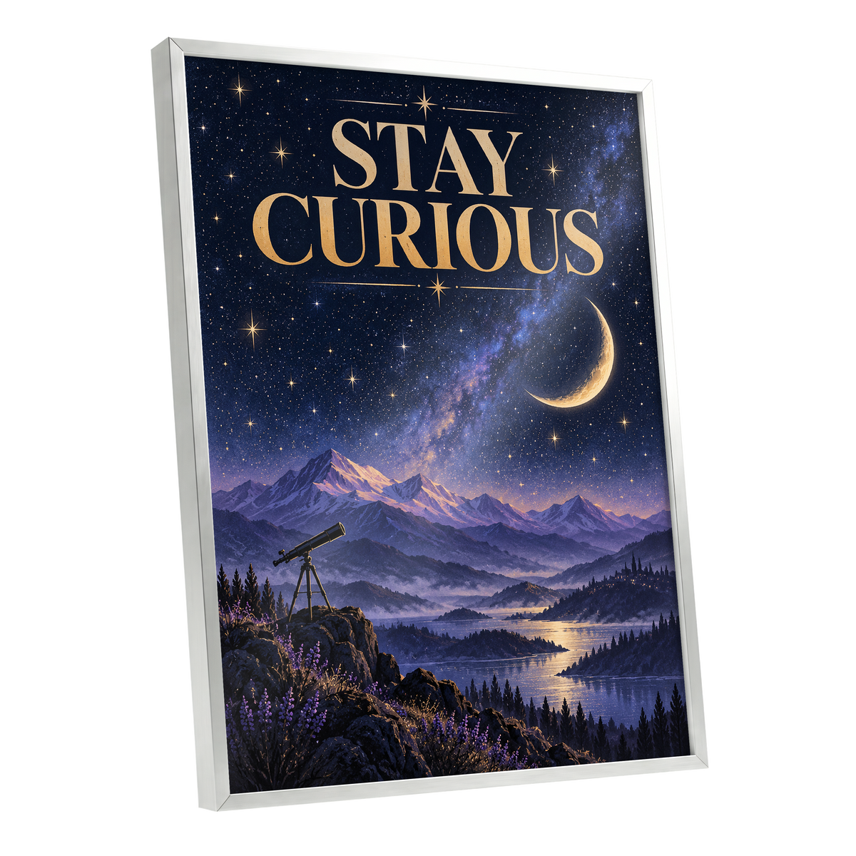 Celestial Curiosity, blue, gold, purple nature wall art shown as a silver framed poster wall art print