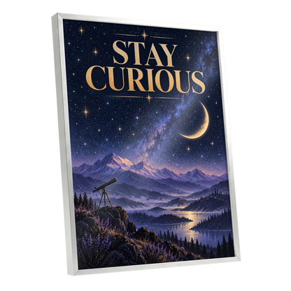 Celestial Curiosity, blue, gold, purple nature wall art shown as a silver framed poster wall art print