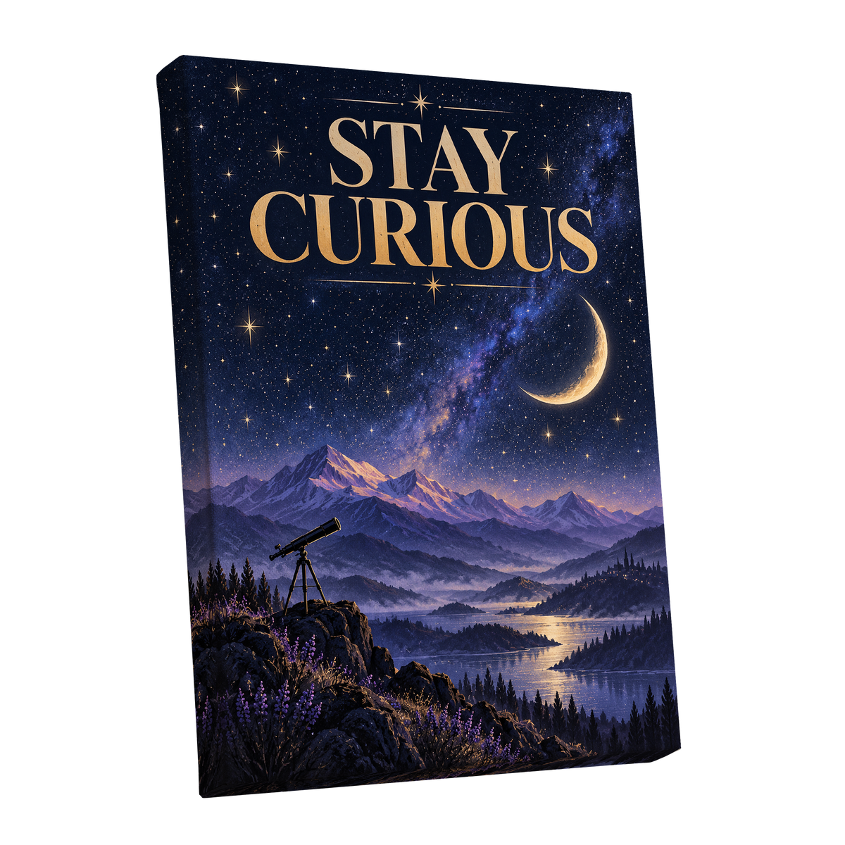 Celestial Curiosity, blue, gold, purple nature wall art shown as a stretched canvas wall art