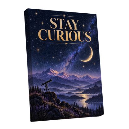 Celestial Curiosity, blue, gold, purple nature wall art shown as a stretched canvas wall art