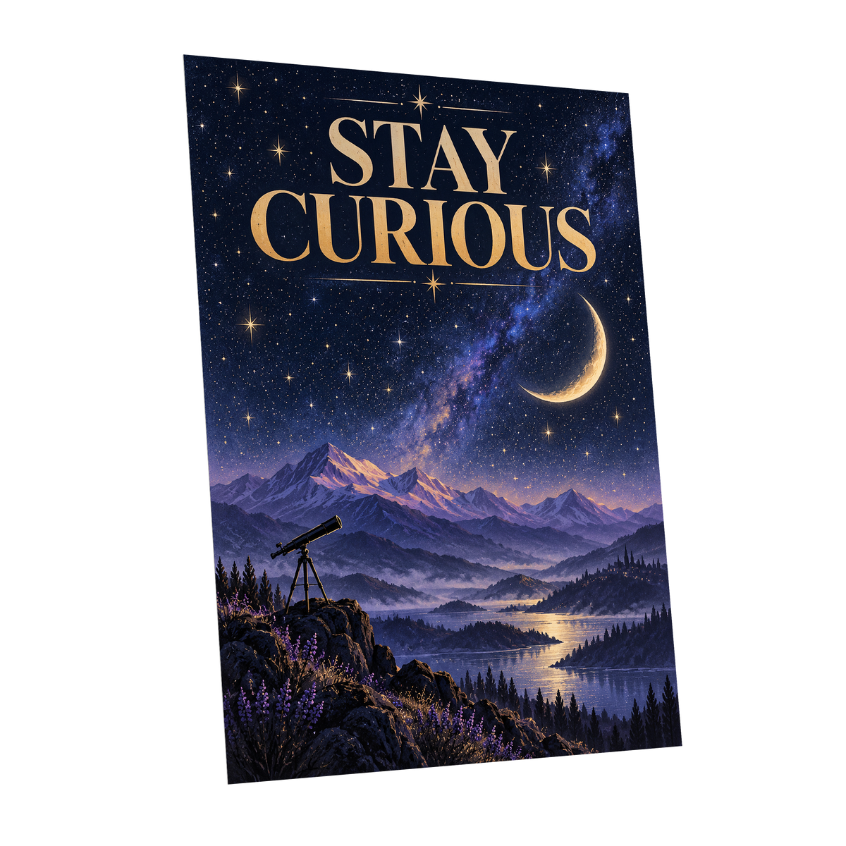 Celestial Curiosity, blue, gold, purple nature wall art shown as a unframed poster wall art print