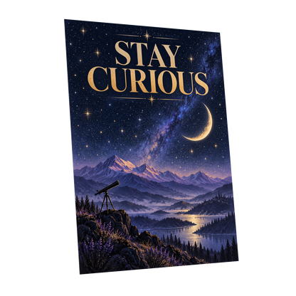 Celestial Curiosity, blue, gold, purple nature wall art shown as a unframed poster wall art print