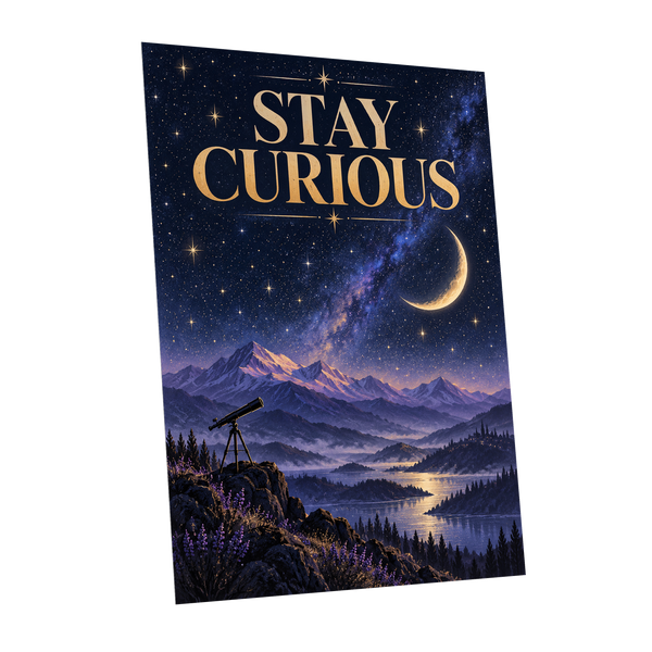 Celestial Curiosity, blue, gold, purple nature wall art shown as a unframed poster wall art print