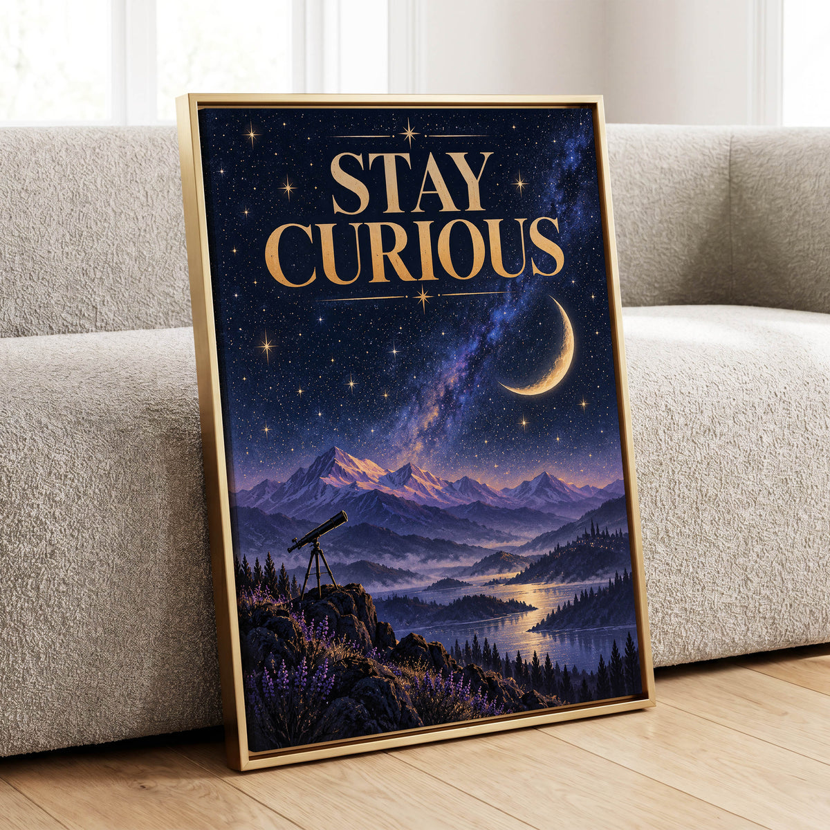 Celestial Curiosity, blue, gold, purple nature wall art displayed in a styled interior, gallery view 1