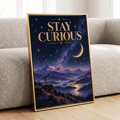 Celestial Curiosity, blue, gold, purple nature wall art displayed in a styled interior, gallery view 1