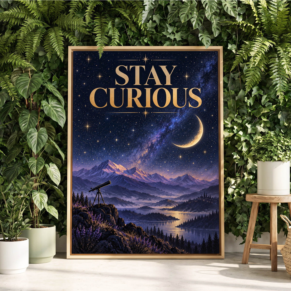 Celestial Curiosity, blue, gold, purple nature wall art displayed in a styled interior, gallery view 2
