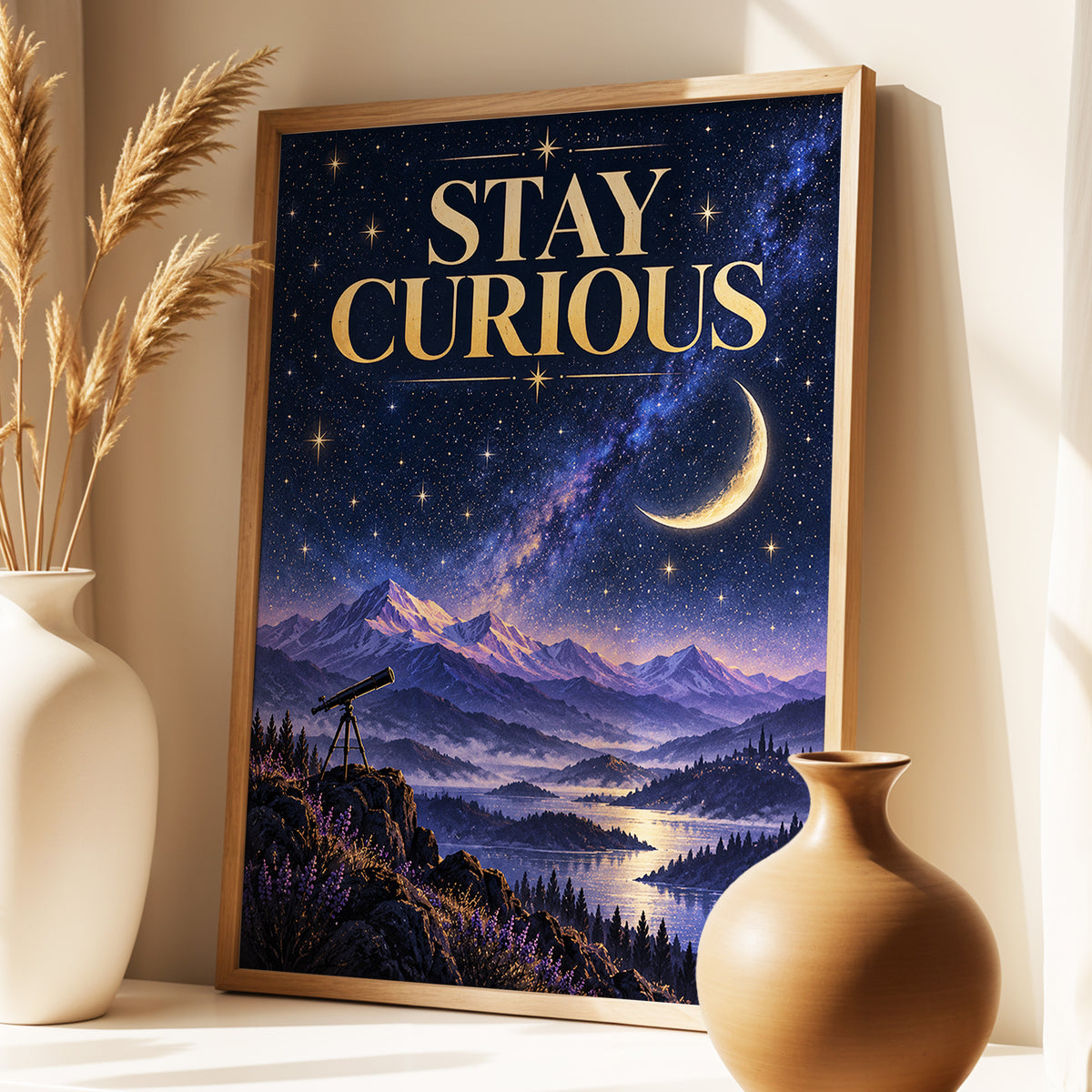Celestial Curiosity, blue, gold, purple nature wall art displayed in a styled interior, gallery view 3