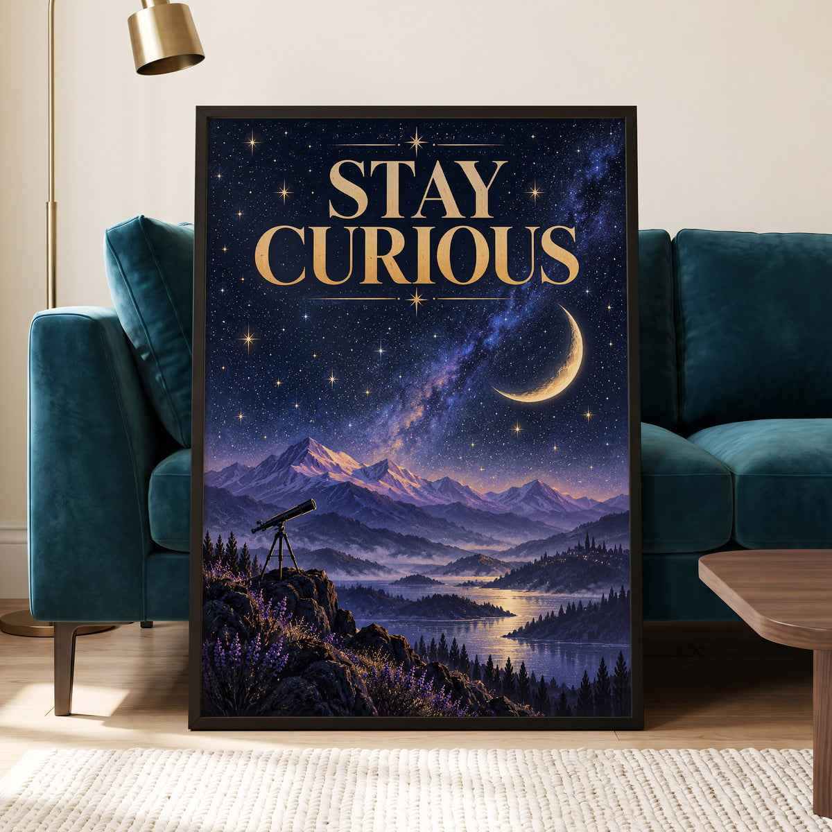 Celestial Curiosity, blue, gold, purple nature wall art displayed in a styled interior, gallery view 4