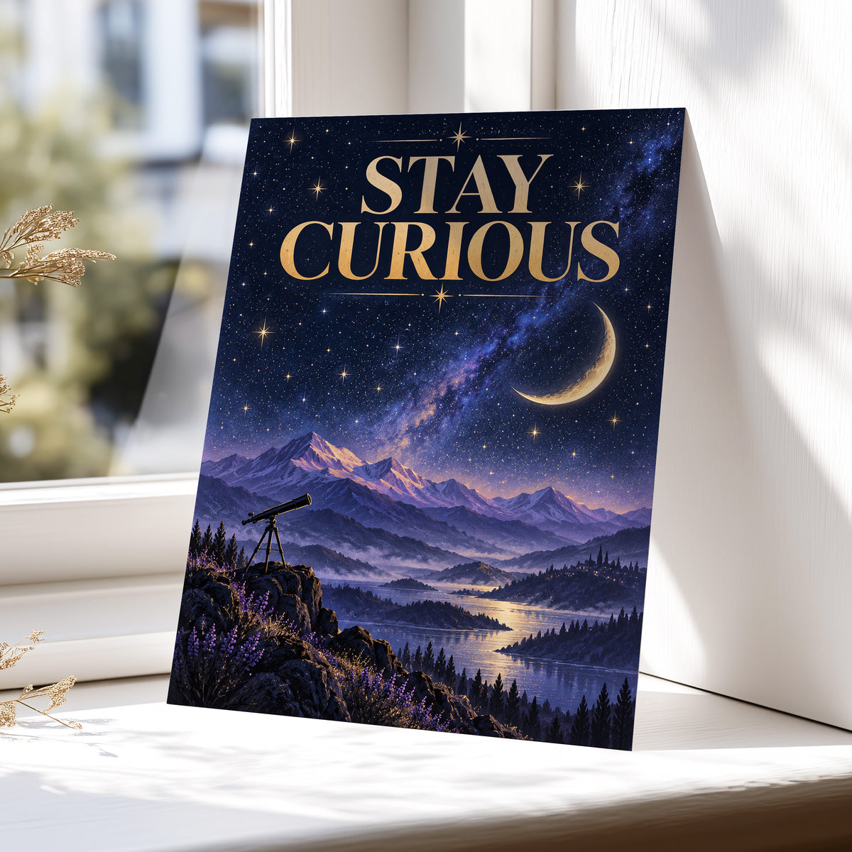 Celestial Curiosity, blue, gold, purple nature wall art displayed in a styled interior, gallery view 5