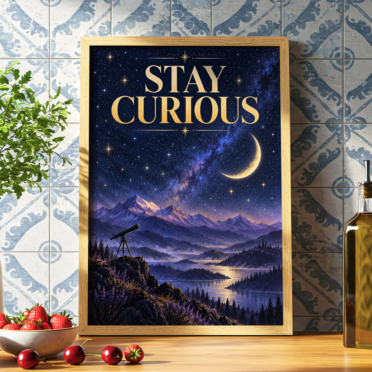 Celestial Curiosity, blue, gold, purple nature wall art displayed in a styled interior, gallery view 6