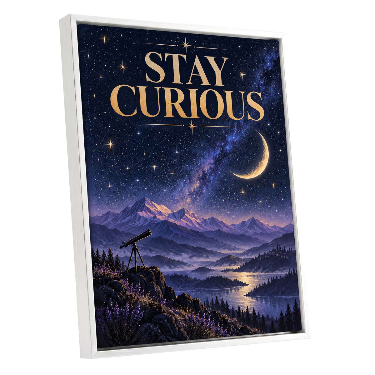 Celestial Curiosity, blue, gold, purple nature wall art shown as a white framed canvas wall art