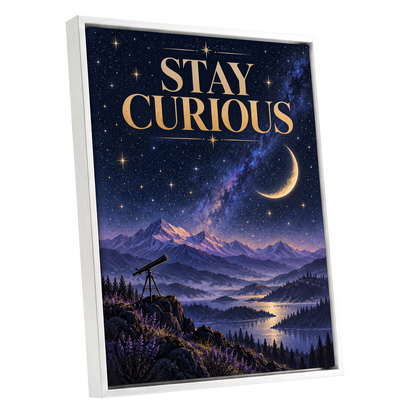 Celestial Curiosity, blue, gold, purple nature wall art shown as a white framed canvas wall art