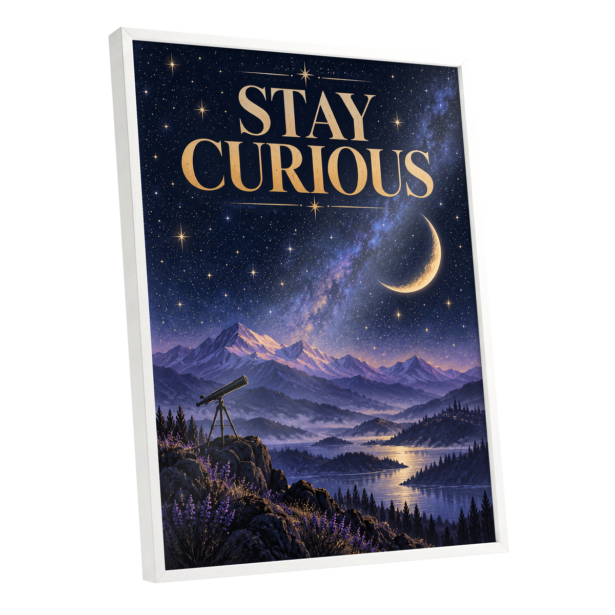 Celestial Curiosity, blue, gold, purple nature wall art shown as a white framed poster wall art print