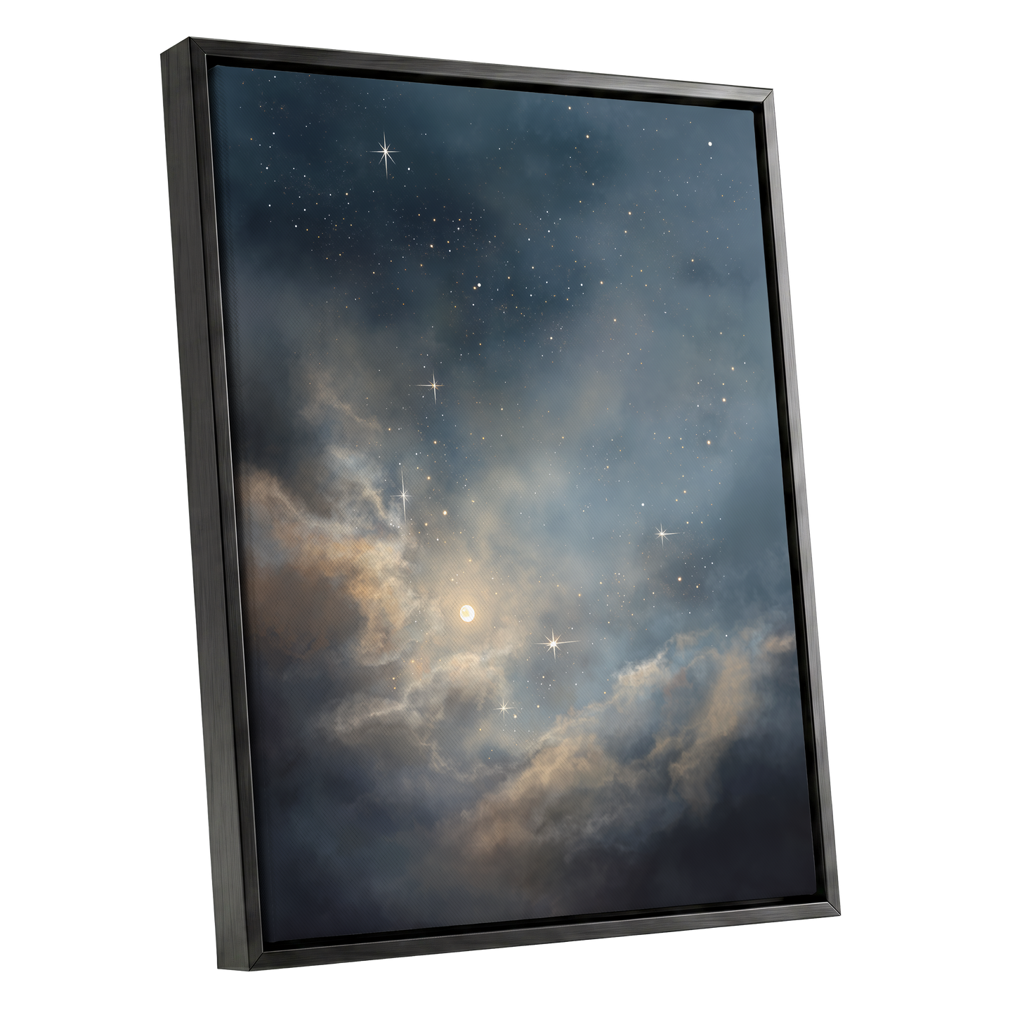 Celestial Drift, blue, gray, gold nature wall art shown as a black framed canvas wall art