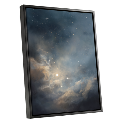 Celestial Drift, blue, gray, gold nature wall art shown as a black framed canvas wall art