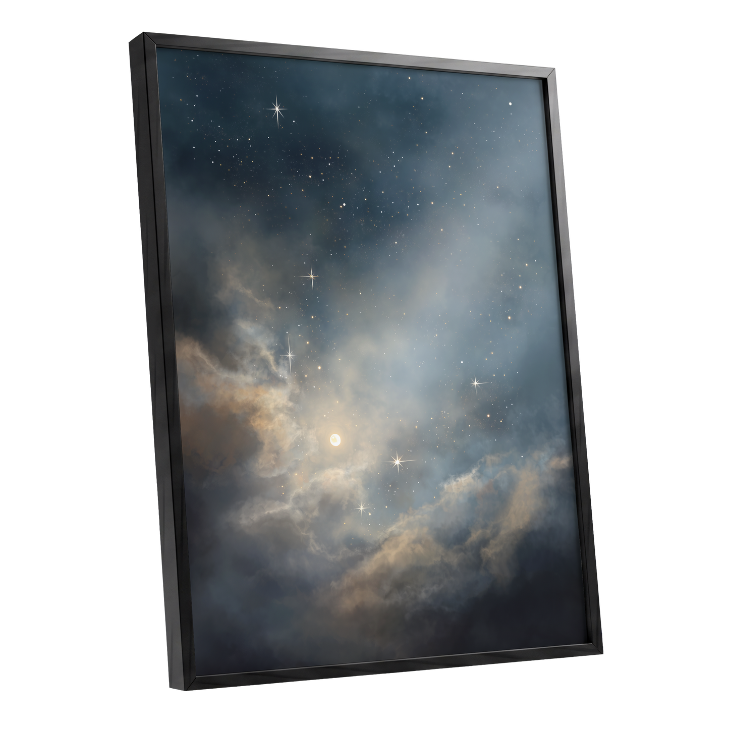 Celestial Drift, blue, gray, gold nature wall art shown as a black framed poster wall art print