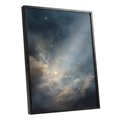 Celestial Drift, blue, gray, gold nature wall art shown as a black framed poster wall art print