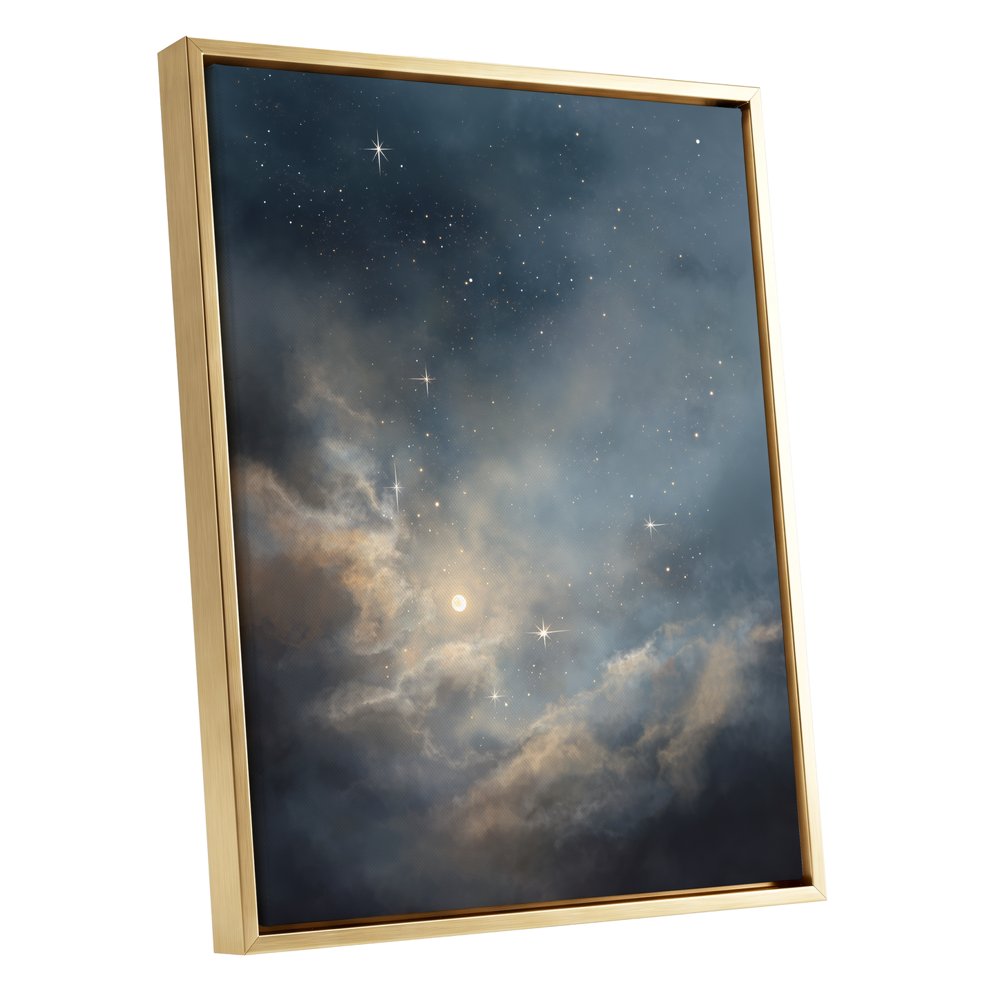 Celestial Drift, blue, gray, gold nature wall art shown as a gold framed canvas wall art