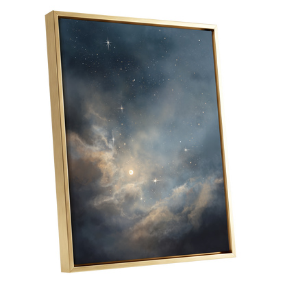Celestial Drift, blue, gray, gold nature wall art shown as a gold framed canvas wall art
