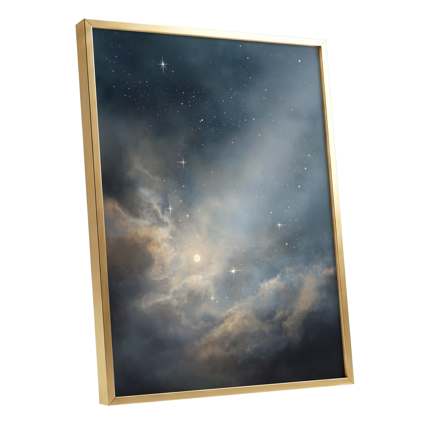 Celestial Drift, blue, gray, gold nature wall art shown as a gold framed poster wall art print