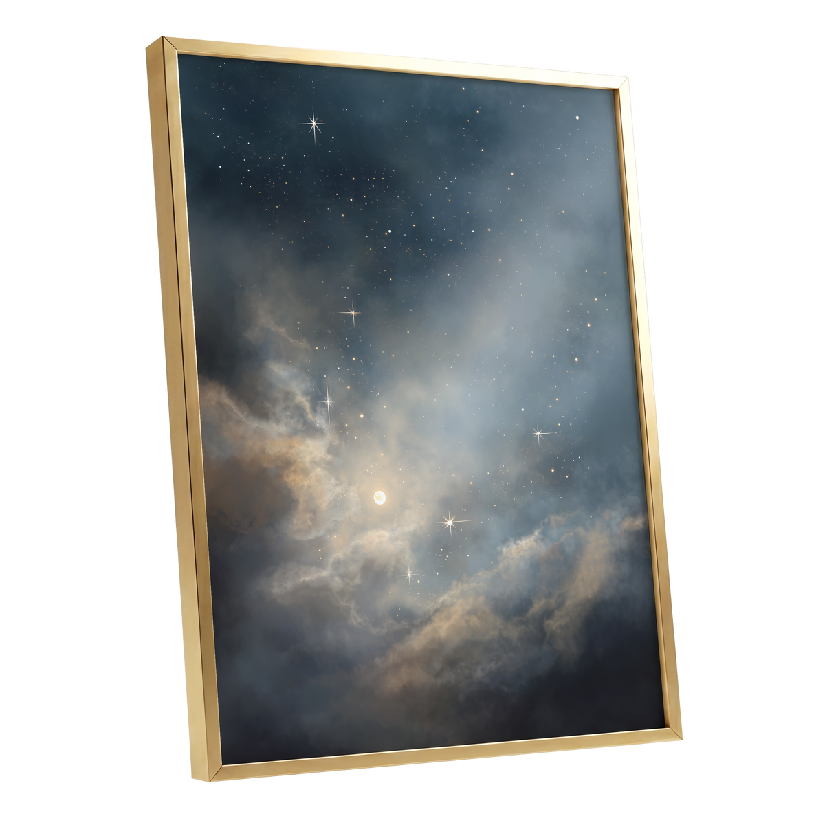 Celestial Drift, blue, gray, gold nature wall art shown as a gold framed poster wall art print