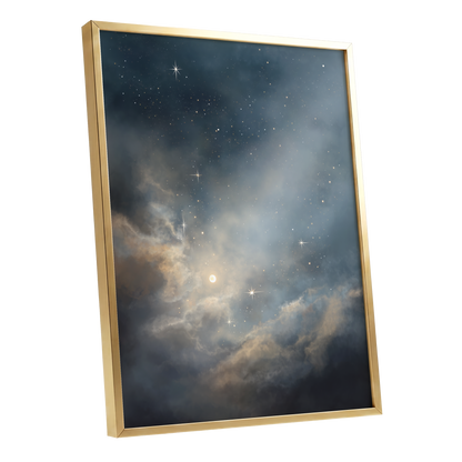 Celestial Drift, blue, gray, gold nature wall art shown as a gold framed poster wall art print