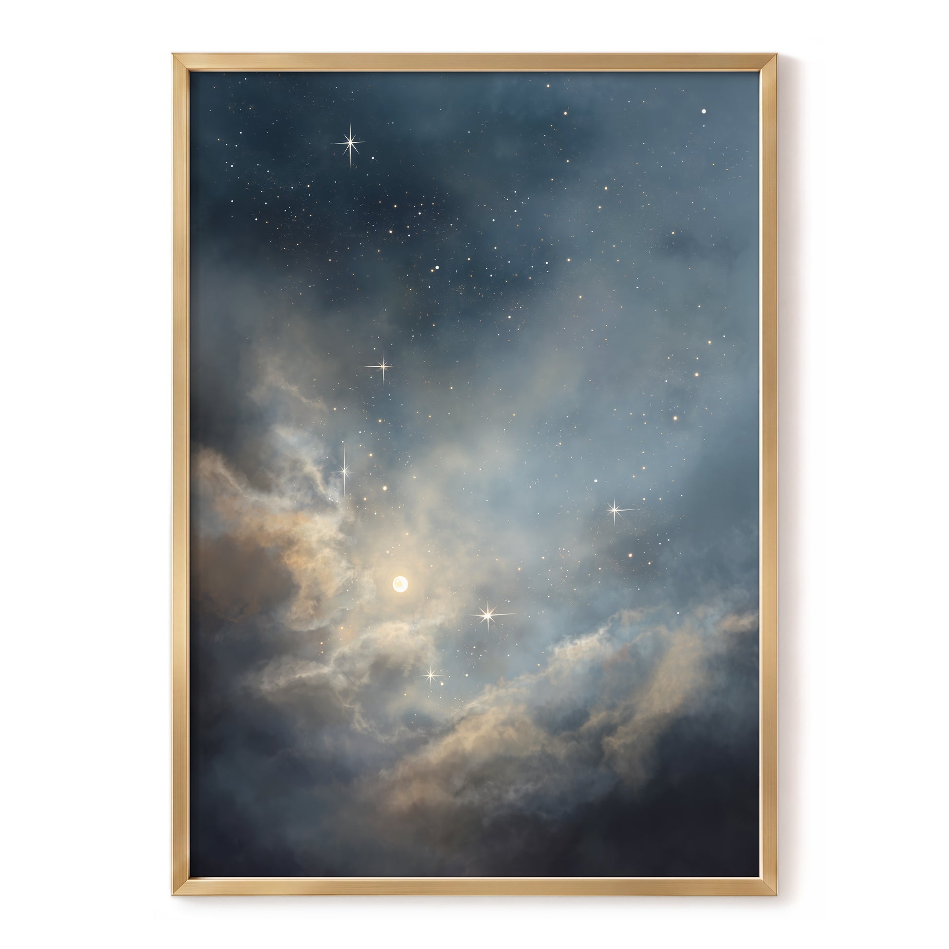 Celestial Drift, blue, gray, gold nature wall art, front artwork view